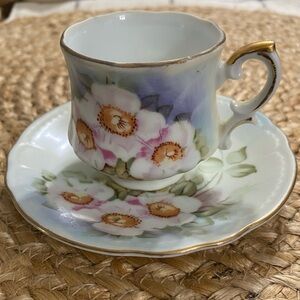Vintage Lefton Magnolia Hand Painted Teacup & Saucer Floral Gold Trim
